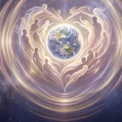 Family of Light: people gathered in a heart of light around the Earth